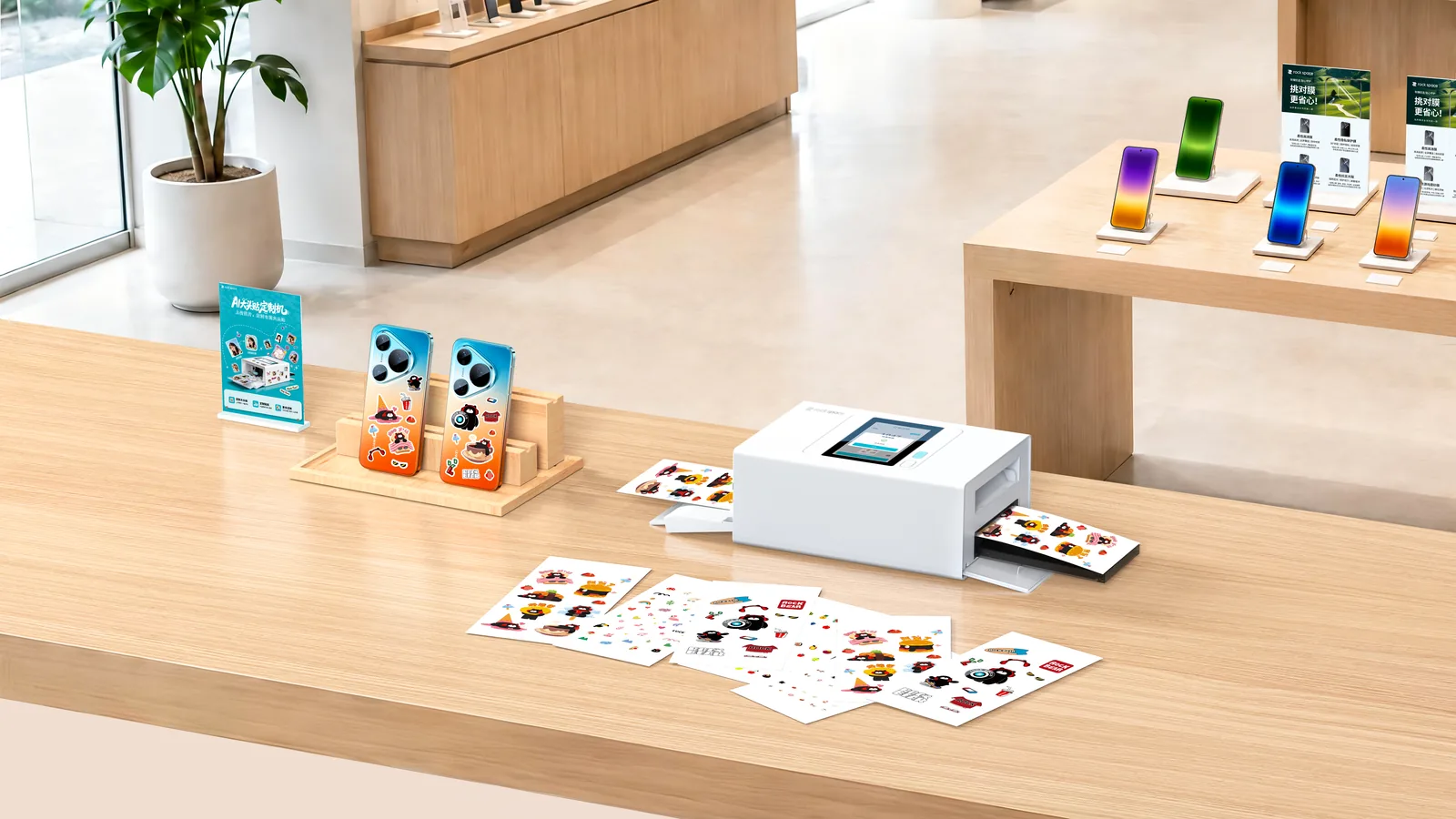 Máquina rock space RCL1005 para imprimir y cortar stickers y protectores en una tienda de telefonía